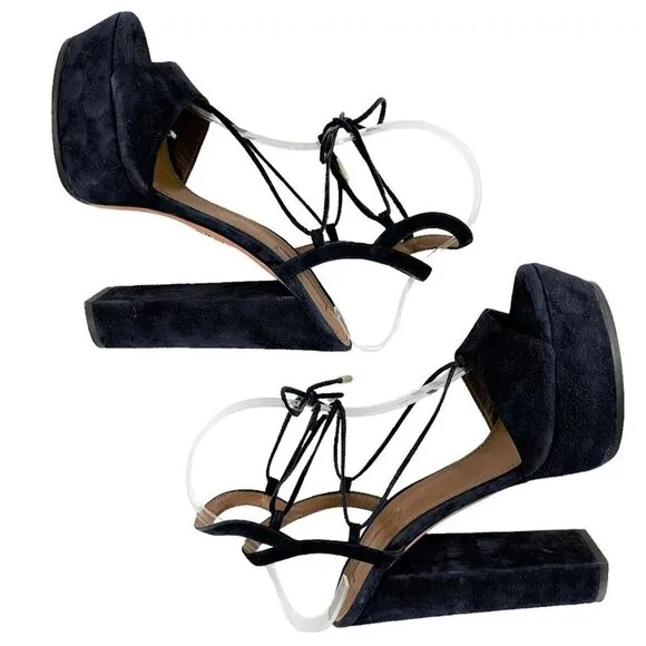 Aquazzura Austin Plateau Suede Platform Lace-Up Sandals Ink Blue Size 38.5