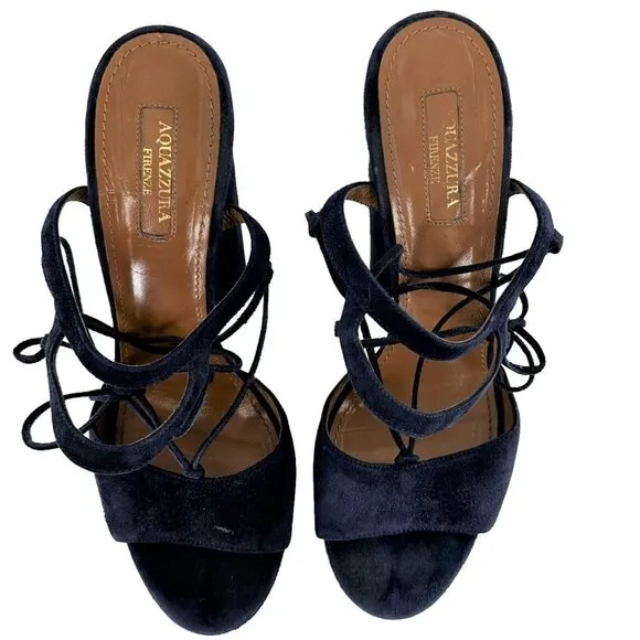 Aquazzura Austin Plateau Suede Platform Lace-Up Sandals Ink Blue Size 38.5