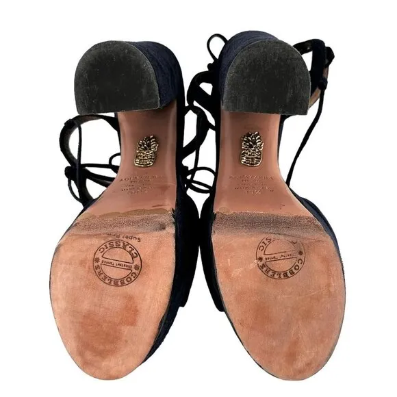 Aquazzura Austin Plateau Suede Platform Lace-Up Sandals Ink Blue Size 38.5