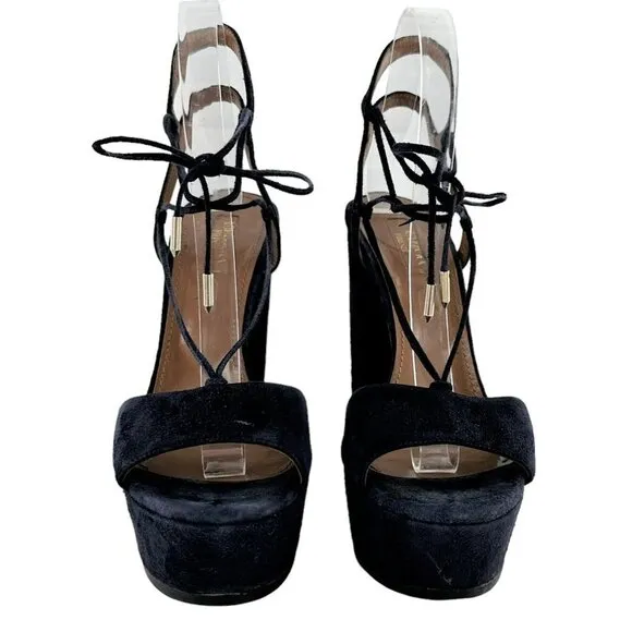 Aquazzura Austin Plateau Suede Platform Lace-Up Sandals Ink Blue Size 38.5