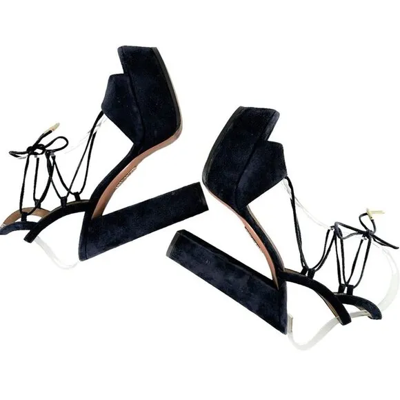 Aquazzura Austin Plateau Suede Platform Lace-Up Sandals Ink Blue Size 38.5