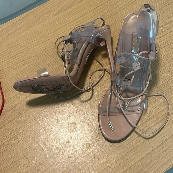 Aquazzura Beige PVC And Leather Milos Sandals SIZE 36 Heel Nude Clear
