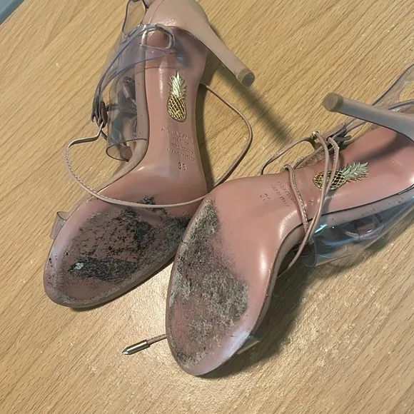 Aquazzura Beige PVC And Leather Milos Sandals SIZE 36 Heel Nude Clear