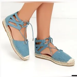 Aquazzura Belgravia Flat Lace Up Espadrilles in Light Denim Blue Size 6