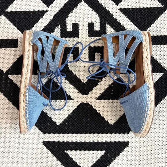 Aquazzura Belgravia Flat Lace Up Espadrilles in Light Denim Blue Size 6