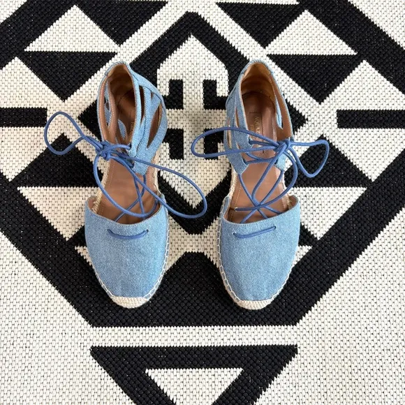 Aquazzura Belgravia Flat Lace Up Espadrilles in Light Denim Blue Size 6