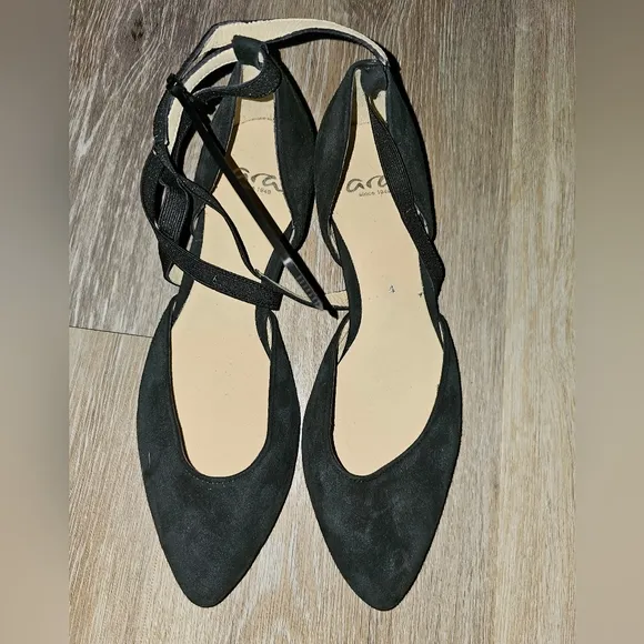 ARA strappy pointed toe flats size 4 6.5 black suede