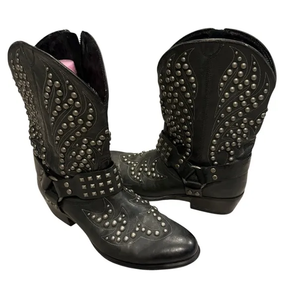 Ariat Black Leather Studded Mid Calf Biker Harness Boot, Sz 9