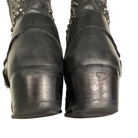 Ariat Black Leather Studded Mid Calf Biker Harness Boot, Sz 9