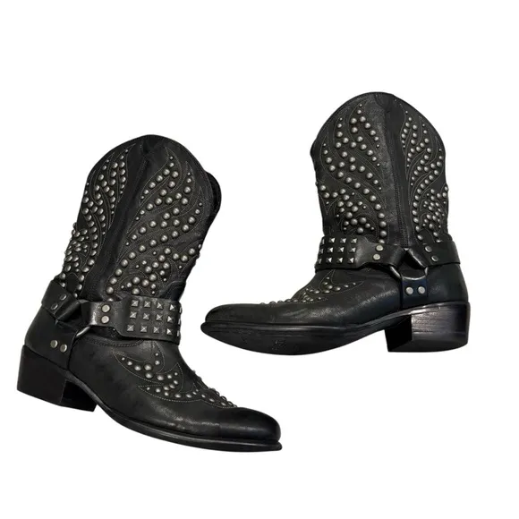 Ariat Black Leather Studded Mid Calf Biker Harness Boot, Sz 9
