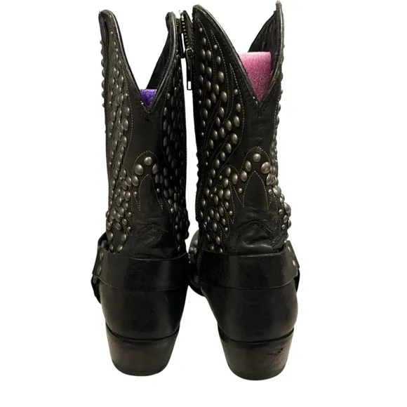 Ariat Black Leather Studded Mid Calf Biker Harness Boot, Sz 9