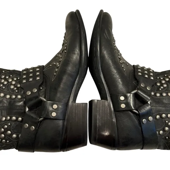 Ariat Black Leather Studded Mid Calf Biker Harness Boot, Sz 9