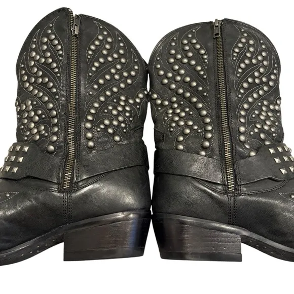 Ariat Black Leather Studded Mid Calf Biker Harness Boot, Sz 9