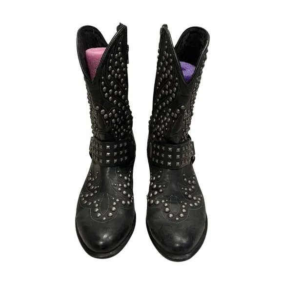 Ariat Black Leather Studded Mid Calf Biker Harness Boot, Sz 9