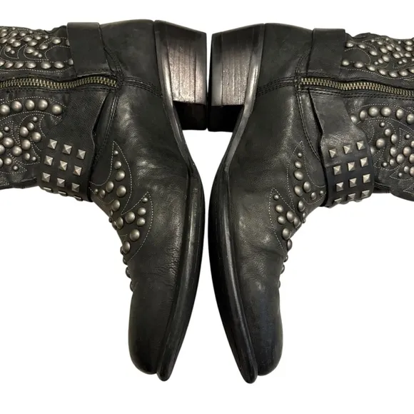 Ariat Black Leather Studded Mid Calf Biker Harness Boot, Sz 9
