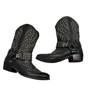 Ariat Black Leather Studded Mid Calf Biker Harness Boot, Sz 9