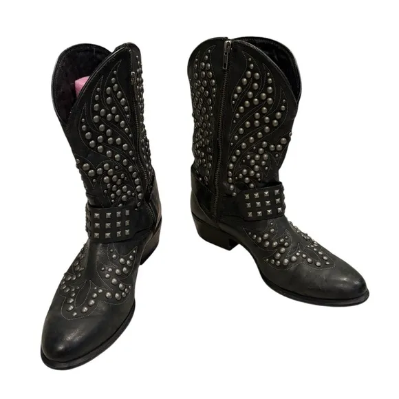 Ariat Black Leather Studded Mid Calf Biker Harness Boot, Sz 9