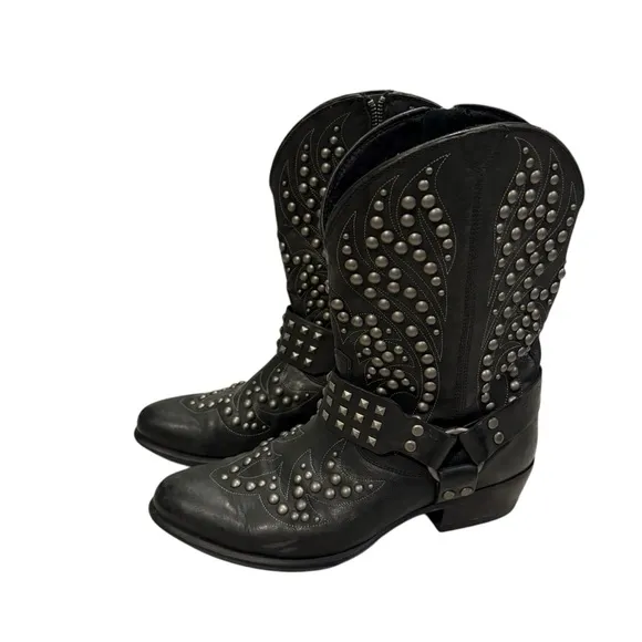 Ariat Black Leather Studded Mid Calf Biker Harness Boot, Sz 9