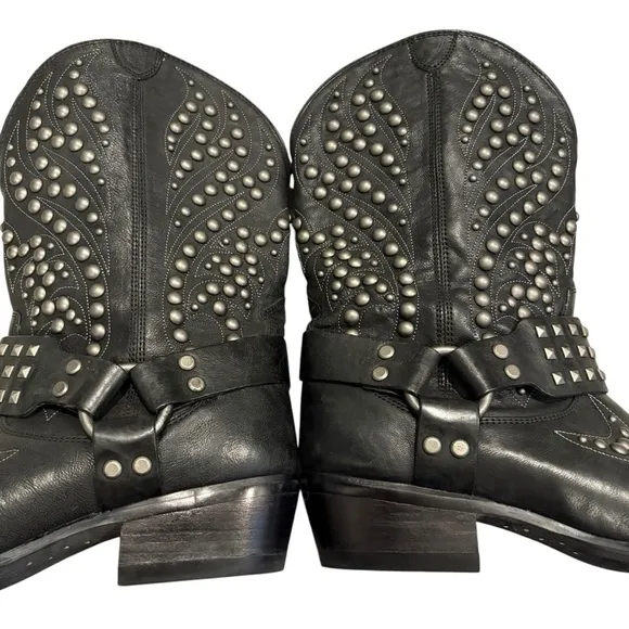 Ariat Black Leather Studded Mid Calf Biker Harness Boot, Sz 9