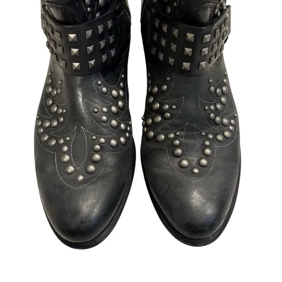 Ariat Black Leather Studded Mid Calf Biker Harness Boot, Sz 9
