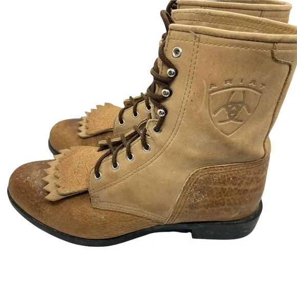 Ariat Western Boots Women's Kilties Ropers Tan Lace Up Mid-Calf Tasseled size 7