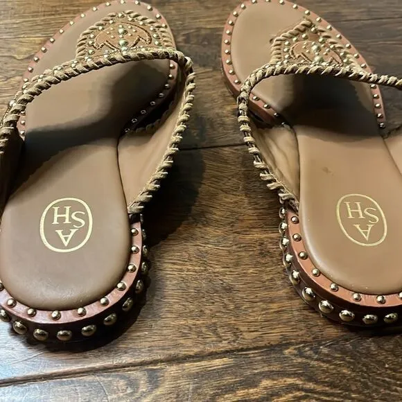 ASH Ball-Studded Embroidered Leather Phedra Sandal, size 8