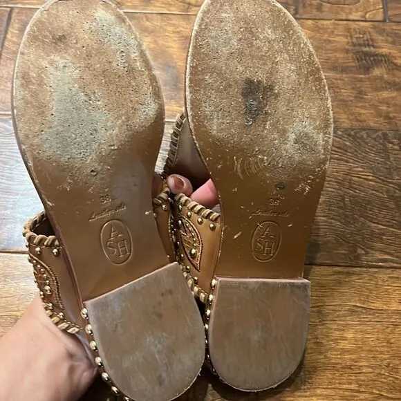 ASH Ball-Studded Embroidered Leather Phedra Sandal, size 8