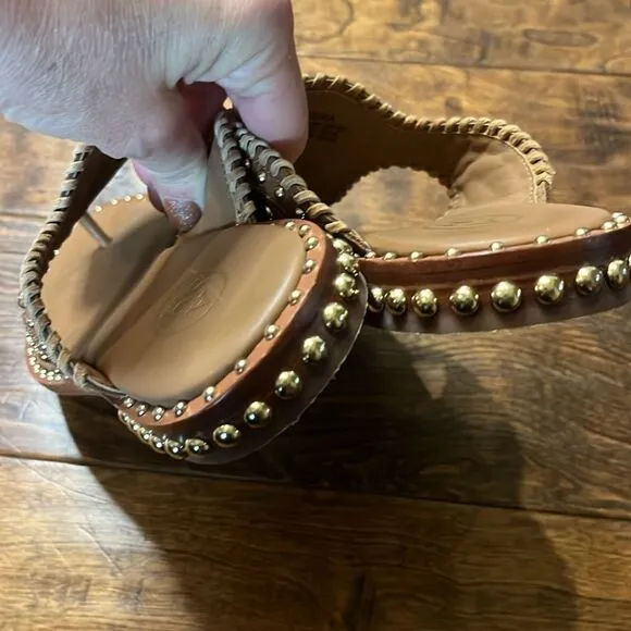 ASH Ball-Studded Embroidered Leather Phedra Sandal, size 8