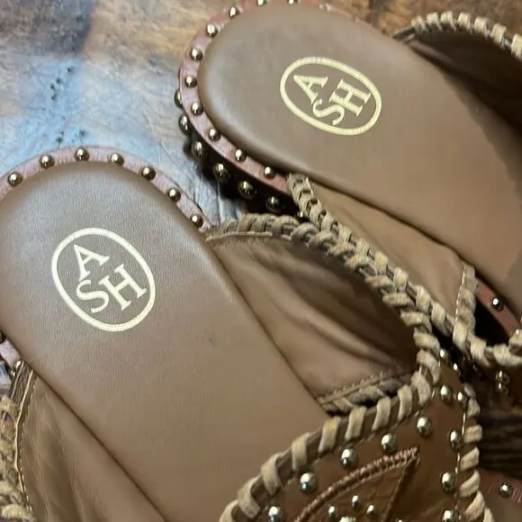 ASH Ball-Studded Embroidered Leather Phedra Sandal, size 8