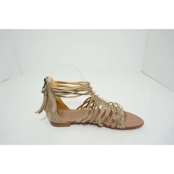 Ash Mani Flat Studded Ankle Strap T-Strap Sandal Python Brown Leather US 6.5 M