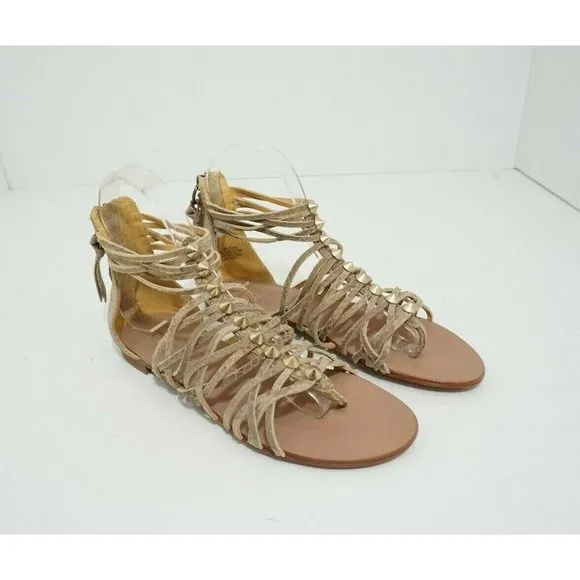 Ash Mani Flat Studded Ankle Strap T-Strap Sandal Python Brown Leather US 6.5 M