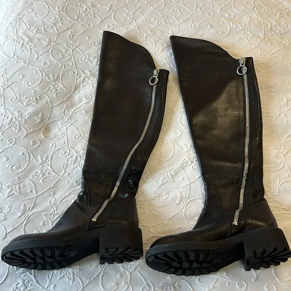 ASH Seven Women's Black Leather Seven Over the Knee Double Zipper Boots US 7.5