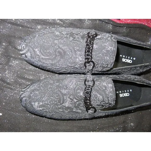 ASOS Jacquard Charcoal Velvet Chain Embellished Driving Loafers Moccasins size 9