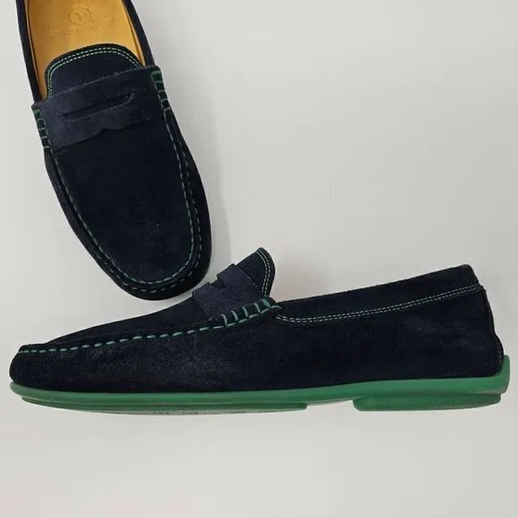 AUSTEN HELLER PENNY LOAFERS MOC DRIVERS BLUE SUEDE GREEN CONTRASTING MENS 8.5