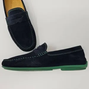 AUSTEN HELLER PENNY LOAFERS MOC DRIVERS BLUE SUEDE GREEN CONTRASTING MENS 8.5