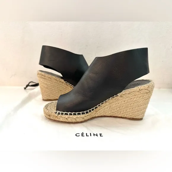 Auth CELINE Espadrilles Leather Platform Wedge, 36