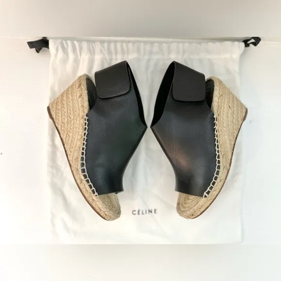 Auth CELINE Espadrilles Leather Platform Wedge, 36