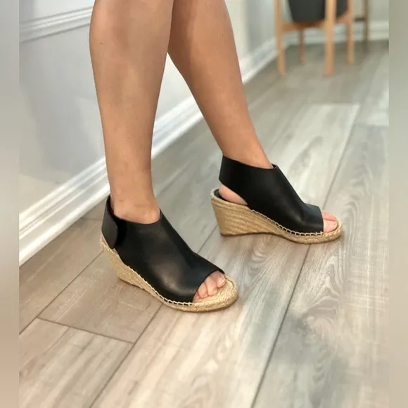 Auth CELINE Espadrilles Leather Platform Wedge, 36