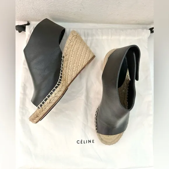 Auth CELINE Espadrilles Leather Platform Wedge, 36