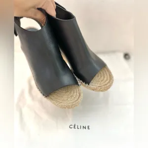 Auth CELINE Espadrilles Leather Platform Wedge, 36