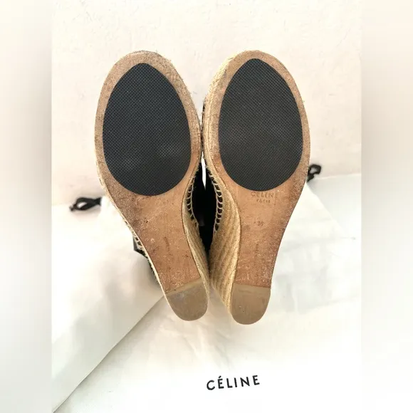 Auth CELINE Espadrilles Leather Platform Wedge, 36
