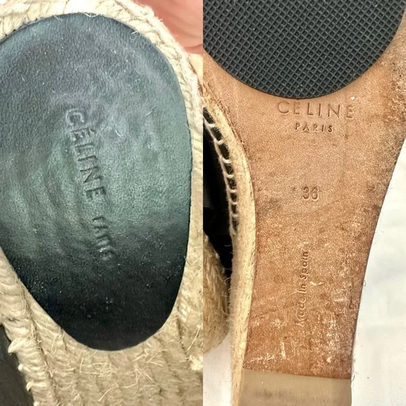 Auth CELINE Espadrilles Leather Platform Wedge, 36
