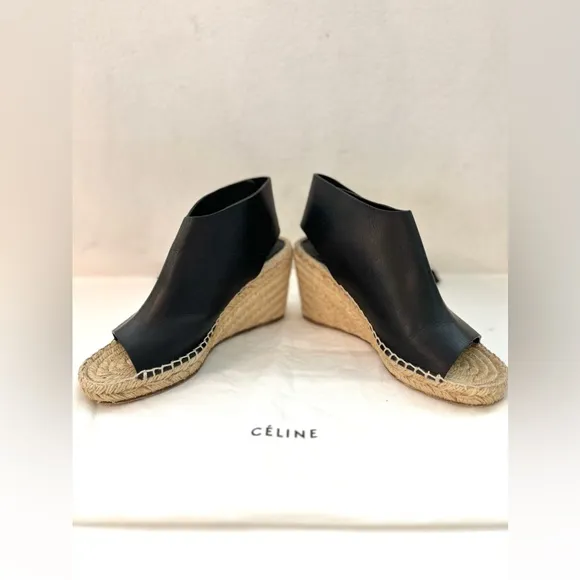 Auth CELINE Espadrilles Leather Platform Wedge, 36