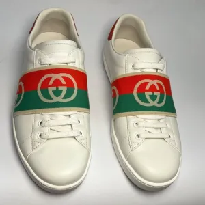 Authentic Gucci Ace White Leather Sneakers  Red &amp; Green Logo Band Mens Size  7.5
