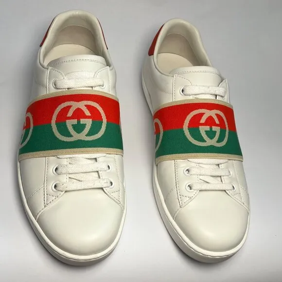 Authentic Gucci Ace White Leather Sneakers  Red &amp; Green Logo Band Mens Size  7.5