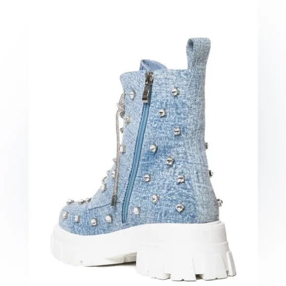 Azalea Wang Blue Denim Rhinestone Combat Boots
