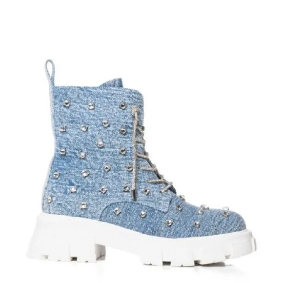 Azalea Wang Blue Denim Rhinestone Combat Boots