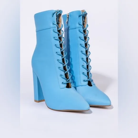 Azalea Wang Blue Lace Up Nylon High Heel Boots