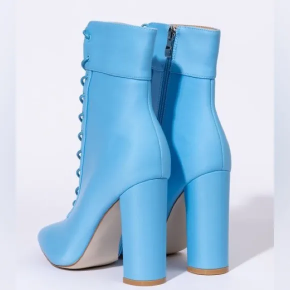 Azalea Wang Blue Lace Up Nylon High Heel Boots