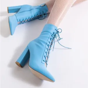 Azalea Wang Blue Lace Up Nylon High Heel Boots